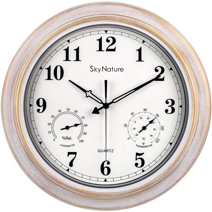 Large Outdoor Clocks%2C Waterproof Clock With Thermometer And Hygrometer Combo%2C Silent Battery Operated Vintage Metal Clock For Living Room%2C Patio%2C Garden%2C Pool Decor   18 Inch%2C Brush White 